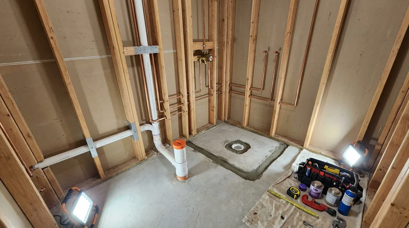 Bathroom rough-in plumbing during remodel by Johns Plumbing LLC in Pella