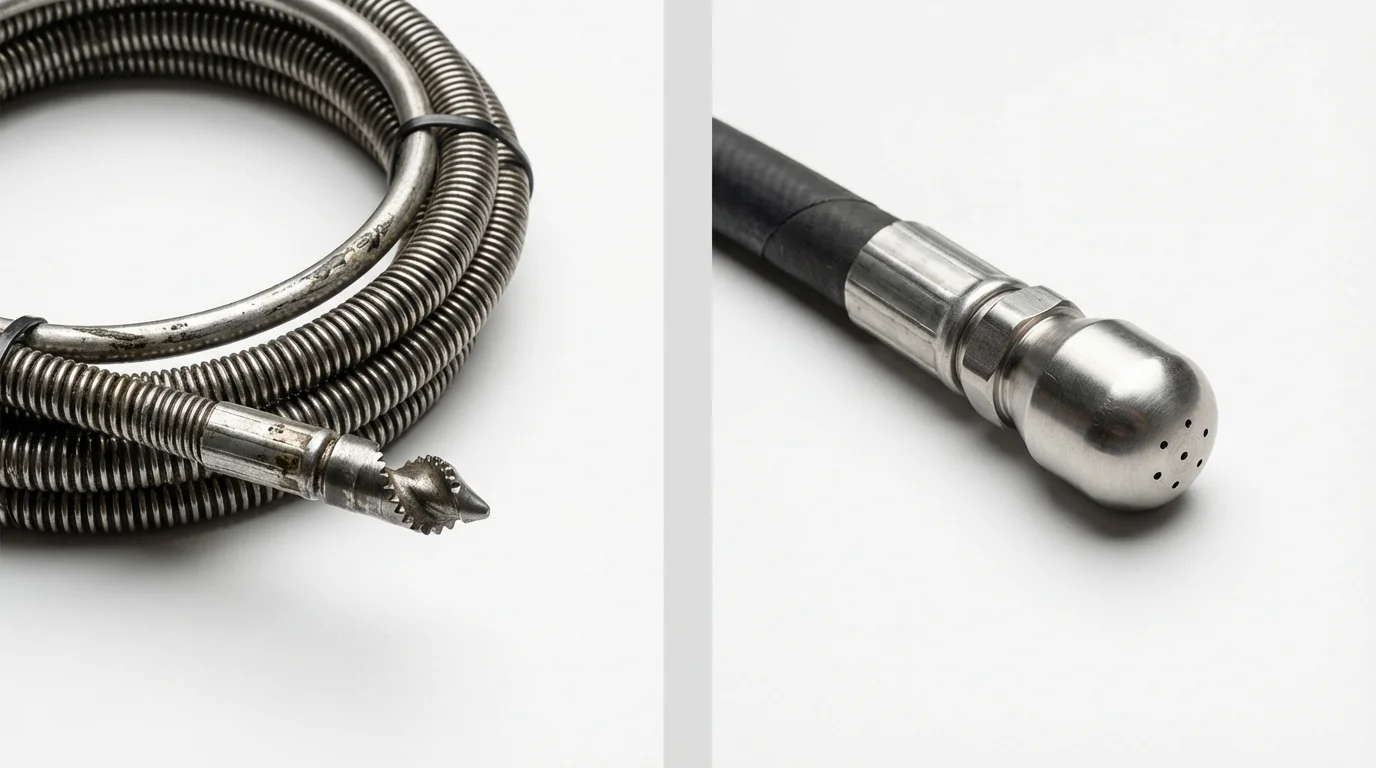 Drain snake cable and hydro jetting nozzle used for drain cleaning in Pella, IA