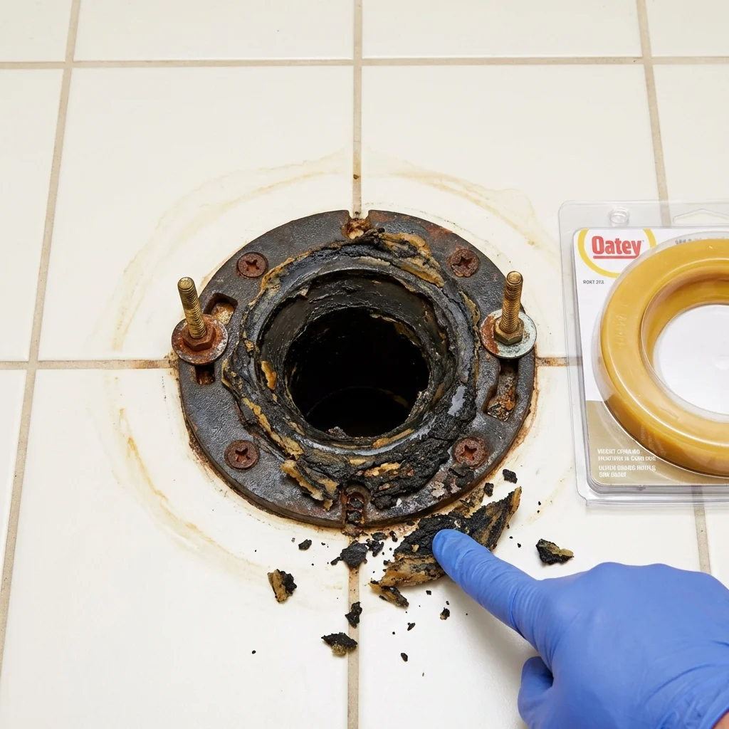 Failed wax ring showing water seepage at the base of a toilet in a Pella, IA home