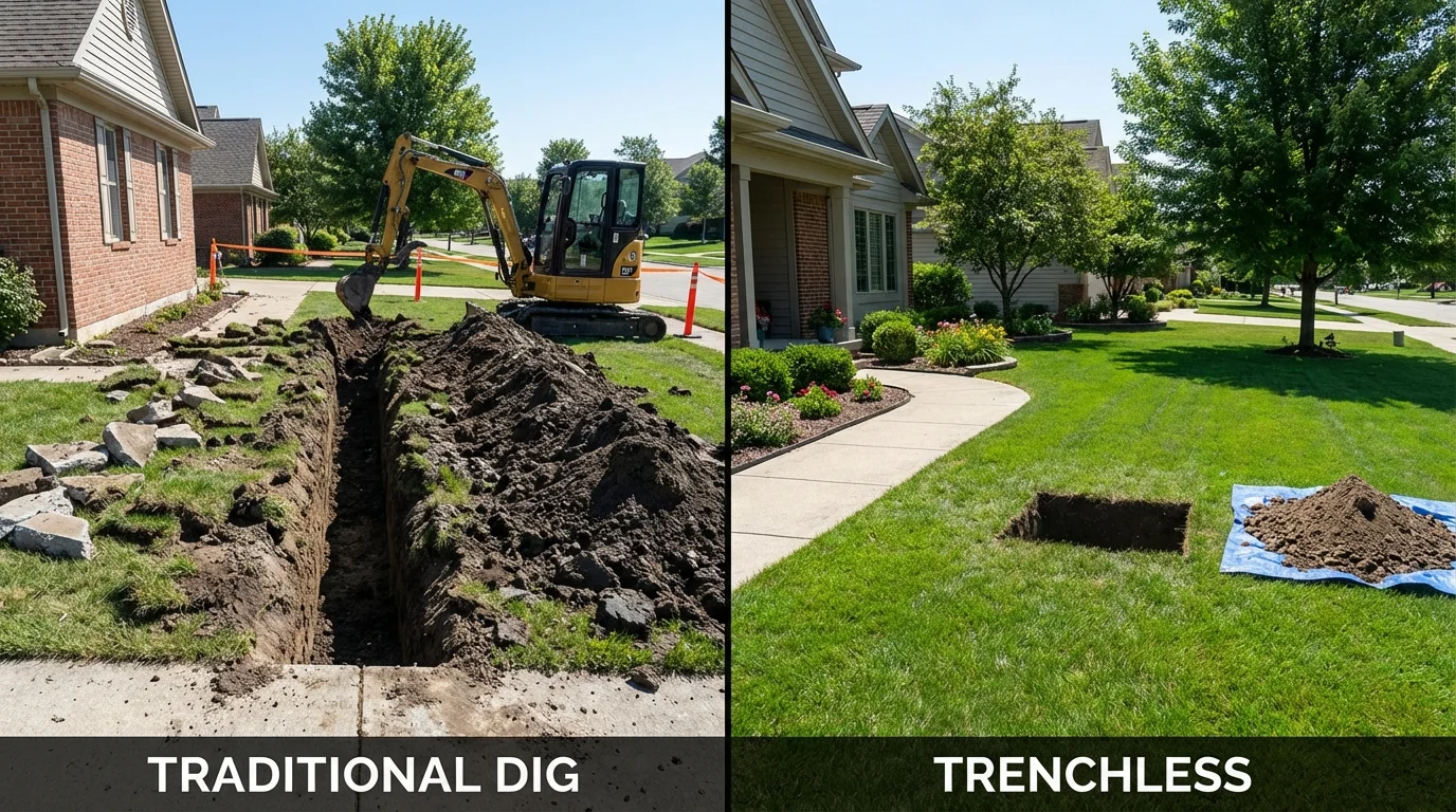 Trenchless sewer repair with minimal yard damage versus traditional excavation in Pella, IA