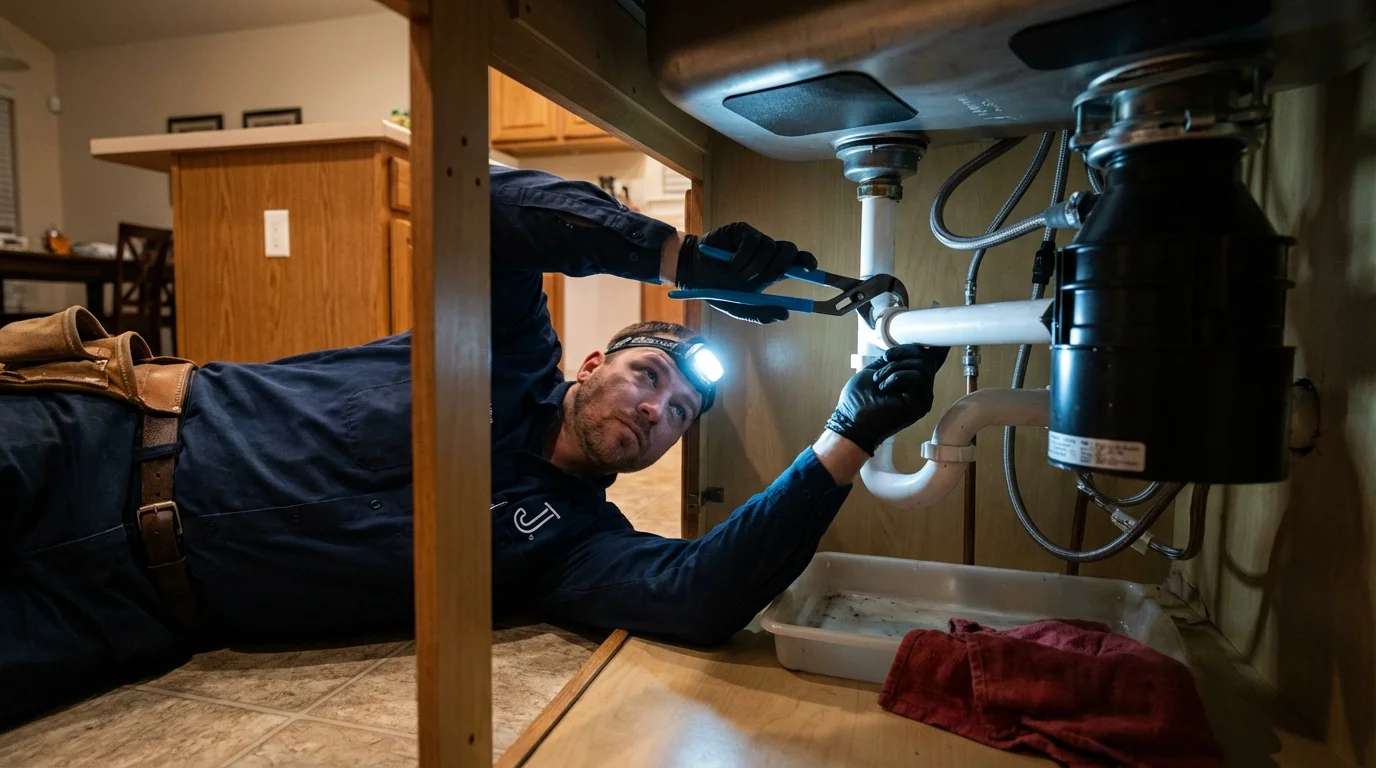 P-trap and supply line connections under a kitchen sink showing a common leak point in Pella, IA